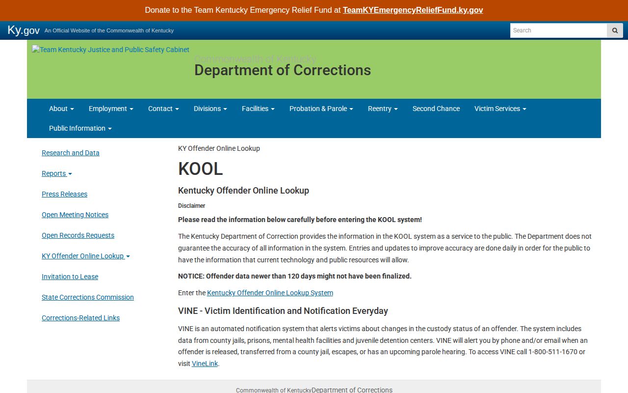 Kentucky DOC KOOL entry and disclaimer